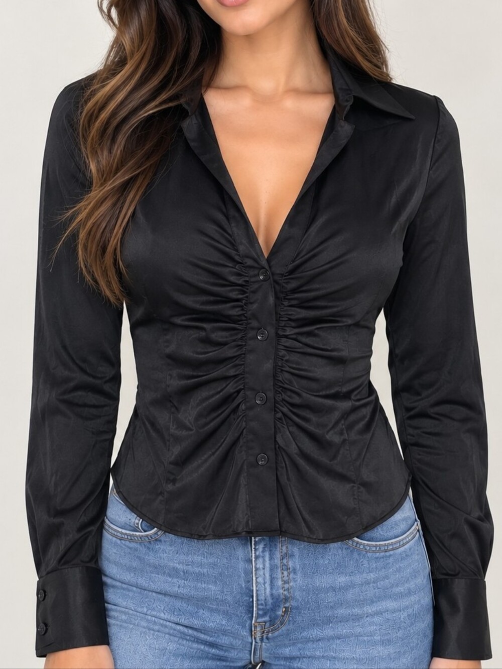 Zara Black Ruched Button-Down Shirt